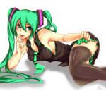 1girl arm_support armpits at2. blush breasts frills green_eyes green_hair hair_ornament hatsune_miku highres licking long_hair looking_at_viewer lying medium_breasts nail_polish on_side sideboob skirt solo thighhighs twintails vocaloid white_background zettai_ryouiki 