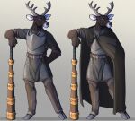  anthro antlers armor barefoot belt black_nose blue_eyes brown_body brown_fur cape cervid clothed clothing club_(weapon) feet fully_clothed fur gloves grey_background hand_on_hip handwear hi_res horn kyran_vauntir male mammal melee_weapon simple_background smile solo standing thehades weapon 