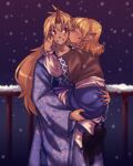  2girls arm_warmers bangs blonde_hair blue_kimono blush brown_jacket carrying carrying_person closed_eyes commentary daitoko eyebrows_visible_through_hair full_body grin highres horns hoshiguma_yuugi hoshiguma_yuugi_(promo) jacket japanese_clothes kimono kiss kissing_cheek long_hair looking_at_another looking_to_the_side medium_hair mizuhashi_parsee multicolored_clothes multicolored_jacket multiple_girls official_alternate_costume pointy_ears railing red_eyes sash scarf short_sleeves single_horn smile snow snowing touhou white_sash white_scarf yuri 