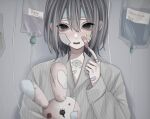  0mdjn0 1girl bandages bandaid blush brown_hair bunny crazy grey_eyes grey_hair highres intravenous_drip original pale_skin pointing pointing_at_self stuffed_toy sweat 