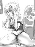  1girl at2. breasts cleavage collarbone electric_fan eyebrows_visible_through_hair food glasses greyscale large_breasts looking_at_viewer medium_hair minecraft monochrome original ponytail popsicle rectangular_eyewear sitting sketch solo sweat tongue tongue_out wariza 