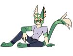  2020 anthro belt bottomwear clothing dragon ear_piercing facial_scar green_body hi_res jaybeyyy male pants piercing reptile scalie scar shirt simple_background sitting solo topwear 