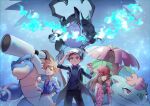  1girl 2boys alternate_color blastoise blue_fire blue_jacket blue_oak brown_hair buttons charizard coat commentary_request dynamax_band fire hat holding holding_poke_ball huan_li jacket leaf_(pokemon) long_hair mega_blastoise mega_charizard_x mega_pokemon mega_venusaur multiple_boys official_alternate_costume open_clothes open_coat pants pink_coat poke_ball poke_ball_(basic) pokemon pokemon_(creature) pokemon_(game) pokemon_masters_ex red_(pokemon) shirt short_hair sidelocks sleeveless_coat smile spiked_hair venusaur white_pants 