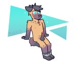  african_wild_dog anthro balls black_hair blue_eyes blush canid canine chest_tuft clothing erection fur genitals hair hi_res male mammal nipples penis pink_marky simple_background solo spots spotted_body spotted_fur tuft underwear undressing 