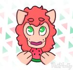  anthro eating felid food fruit fur green_eyes hair hi_res holding_food holding_object lion looking_at_viewer male mammal melon pantherine pink_body pink_fur pink_marky plant red_hair simple_background solo watermelon watermelon_slice 