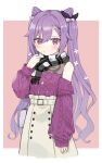  1girl bangs belt blush braid commentary detached_collar double_bun genshin_impact hair_cones highres keqing_(genshin_impact) long_hair long_skirt purple_eyes purple_hair purple_sweater scarf shijimi_kozou skirt sleeves_past_wrists sweater white_skirt 