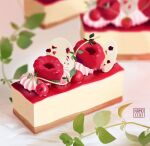  artist_name berry blurry blurry_background cake cheesecake english_commentary food food_focus fruit highres leaf namocchi no_humans original raspberry whipped_cream 