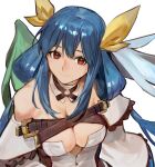  1girl angel_wings asymmetrical_wings bangs bare_shoulders belt blue_hair breast_press breasts buttons choker cleavage closed_mouth detached_sleeves dizzy_(guilty_gear) guilty_gear guilty_gear_xrd hair_between_eyes hair_ribbon hair_rings large_breasts long_hair looking_at_viewer multiple_belts profile red_eyes ribbon simple_background skindentation smile solo twintails uncle_rabbit_ii upper_body white_background wide_sleeves wings yellow_ribbon 