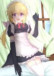  1girl absurdres alternate_costume apron black_dress black_gloves blonde_hair charlotte_dunois commentary_request cowboy_shot curtains dress elbow_gloves enmaided frilled_apron frilled_dress frilled_gloves frills gloves highres infinite_stratos long_hair maid maid_headdress purple_eyes shalu solo white_apron window 