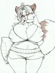  &lt;3 &lt;3_eyes absurd_res anthro big_breasts bottomwear breasts canid canine cleavage clothed clothing curvy_figure eyebrow_through_hair eyebrows female fur hair hi_res hotpants huge_breasts longinius mammal midriff minren nipple_outline one_eye_closed open_mouth pillow portrait purple_eyes raccoon_dog restricted_palette shorts simple_background slightly_chubby solo standing tanuki thick_thighs three-quarter_portrait tired traditional_media_(artwork) translucent translucent_hair voluptuous white_background wide_hips 
