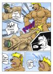 5_toes abs angry anthro attack big_muscles black_and_white black_hair blonde_hair blue_glow bodily_fluids brown_body brown_fur canid canine canis clenched_teeth clothing cloud comic crotch_attack crotch_kick dialogue domestic_dog duo english_text facial_hair fainting feet fur genital_torture genitals glowing glowing_eyes goatee grunting guss_(vju79) hair hat headgear headwear hi_res humanoid_genitalia humanoid_penis inner_ear_fluff kick lying male male/male mammal monochrome muscular muscular_anthro muscular_arms muscular_male nude on_ground on_side onomatopoeia outside pain pecs penis profanity roj_(vju79) sand sideburns sky sorry sound_effects sweat teeth text toes tuft visor_cap vju79 wide_eyed wolf 