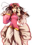  1girl at2. axis_powers_hetalia blush breasts brown_hair china_dress chinese_clothes dress eyebrows_visible_through_hair fang flower hair_flower hair_ornament highres long_hair looking_at_viewer medium_breasts one_eye_closed open_mouth pink_dress red_eyes smile solo taiwan_(hetalia) teeth transparent_background 