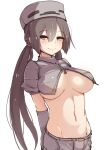  1girl at2. blush breasts closed_mouth crop_top elbow_gloves eyebrows_visible_through_hair gloves grey_eyes grey_gloves grey_hair grey_shorts half-closed_eyes large_breasts looking_at_viewer low_twintails minecraft navel personification short_shorts short_sleeves shorts skeleton_(minecraft) smile solo twintails unzipped zipper zipper_pull_tab 