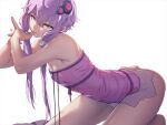  1girl ass at2. bare_legs bare_shoulders bent_over breasts commentary covered_nipples dress fingers_to_mouth from_side hair_between_eyes hair_ornament hairpin hands_up highres kneeling light_purple_eyes light_purple_hair long_hair long_torso looking_at_viewer purple_eyes purple_hair purple_nails serious short_dress short_hair_with_long_locks sidelocks simple_background small_breasts solo strapless strapless_dress striped striped_dress thighs thumb_to_mouth tube_dress vertical-striped_dress vertical_stripes vocaloid voiceroid white_background yuzuki_yukari 