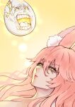  1girl animal_ear_fluff animal_ears bangs christopher_columbus_(fate) commentary_request egg eyebrows_visible_through_hair face fate/grand_order fate_(series) fox_ears fox_girl frown hair_between_eyes koyanskaya_(fate) laughing long_hair looking_at_another open_mouth pink_hair rkp sidelocks signature solo tamamo_(fate) teeth tongue yellow_background yellow_eyes 
