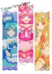  3girls :d absurdres aizen_(syoshiyuki) apron blonde_hair blue_bow blue_eyes blue_hair bow bun_cover character_name chestnut_mouth choker column_lineup copyright_name cure_precious cure_spicy cure_yum-yum delicious_party_precure detached_collar double_bun earrings flower fuwa_kokone gloves hair_flower hair_ornament hanamichi_ran hat hat_bow heart_brooch highres jewelry long_hair looking_at_viewer magical_girl mini_hat multiple_girls nagomi_yui open_mouth pink_bow pink_choker pink_hair precure purple_eyes red_eyes short_hair smile upper_body 