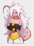  1girl android_21 bare_shoulders blue_eyes breasts choker cleavage colored_skin dragon_ball dragon_ball_fighterz earrings grey_background hair_between_eyes hoop_earrings jewelry kemachiku long_hair looking_at_viewer majin_android_21 medium_breasts midriff navel pink_skin pointy_ears simple_background solo tail white_hair yellow_choker 
