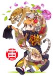  1girl 2022 animal_ears animal_print bangs baseball baseball_mitt black_footwear black_kimono chinese_zodiac closed_mouth commentary floral_print flower furisode hair_ornament highres japanese_clothes kimono leaf long_sleeves looking_at_viewer nishiki_kazue obi orange_eyes orange_hair original pitching print_kimono purple_flower sandals sash short_hair simple_background smile solo standing tabi tail tiger tiger_ears tiger_girl tiger_print tiger_tail translated white_background white_legwear wide_sleeves year_of_the_tiger 