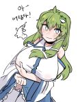  1girl :3 absurdres animal_hair_ornament antenna_hair bangs blue_eyes blue_skirt breast_grab breasts bright_pupils closed_mouth clothes_lift covered_nipples detached_sleeves eyebrows_visible_through_hair frog_hair_ornament grabbing grabbing_own_breast green_hair hair_between_eyes hair_ornament highres kochiya_sanae korean_text large_breasts lifted_by_self long_hair long_sleeves looking_at_viewer nyong_nyong simple_background skirt skirt_lift solo star-shaped_pupils star_(symbol) symbol-shaped_pupils thighhighs touhou translation_request white_background white_pupils white_sleeves wide_sleeves 