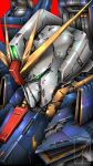  denjyou23 from_side gundam gundam_msv highres looking_down mecha mobile_suit no_humans portrait red_background science_fiction solo v-fin zeta_gundam zii_gundam 