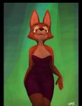  2021 anthro beatnikoo breasts canid canine cleavage clothed clothing diane_foxington dreamworks dress female fox fur green_background hi_res mammal orange_body orange_fur simple_background solo the_bad_guys 