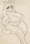  2021 anthro big_breasts big_ears bottomless bovid bra breasts caprine cleavage clothed clothing digital_media_(artwork) eyebrows female goat greyscale hair hi_res horn long_hair looking_at_viewer mammal monochrome nipple_outline overweight overweight_female sitting sketch skidd solo tessa_(skidd) underwear 
