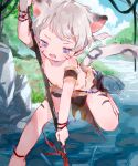  1boy animal_ears bare_legs bare_shoulders cat_boy cat_ears cat_tail commentary english_commentary fish fishing highres loincloth looking_down male_focus morning original outdoors polearm purple_eyes solo spear tail tattoo thebrushking tribal water weapon 
