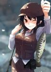  1girl belt black_hair breasts brown_belt brown_headwear brown_pants brown_vest collared_shirt fish fishing_rod flat_cap futatsuki_eru grin hat highres long_sleeves medium_breasts medium_hair one_eye_closed pants pointy_ears red_eyes shameimaru_aya shirt smile touhou vest white_shirt zipper zipper_pull_tab 