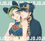  1boy 1girl bare_shoulders black_hair blue_eyes braid chain double_bun father_and_daughter green_hair green_lips hair_cones hat highres jojo_no_kimyou_na_bouken kogatarou kujo_jolyne kujo_jotaro midriff multicolored_hair one_eye_closed smile spider_web_print stardust_crusaders steepled_fingers stone_ocean two-tone_hair 