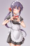  1girl akebono_(kancolle) alternate_costume anti_(untea9) apron bell black_dress blush collared_dress cowboy_shot dress embarrassed enmaided eyebrows_visible_through_hair flower frilled_apron frilled_dress frills gradient gradient_background grey_background hair_bell hair_between_eyes hair_flower hair_ornament heart heart_hands highres kantai_collection long_hair maid maid_apron maid_headdress puffy_short_sleeves puffy_sleeves purple_eyes purple_hair red_neckwear short_sleeves side_ponytail solo very_long_hair waist_apron white_apron wrist_cuffs 