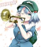  1girl backpack bag blush breasts closed_mouth eyebrows_visible_through_hair green_headwear hat highres holding holding_instrument instrument kagiyama_pandra kawashiro_nitori large_breasts looking_at_viewer music one_eye_closed playing_instrument short_hair short_sleeves short_twintails smile solo touhou trumpet twintails 