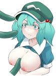  1girl absurdres areolae blue_eyes blue_hair blush breasts cleavage closed_mouth constricted_pupils cucumber drooling eyebrows_visible_through_hair green_headwear hair_bobbles hair_ornament hat highres kagiyama_pandra kawashiro_nitori large_breasts looking_away nipples sexually_suggestive short_hair short_sleeves short_twintails simulated_paizuri solo touhou twintails upper_body 