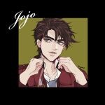  1boy adjusting_collar battle_tendency brown_hair character_name green_eyes highres jacket jojo_no_kimyou_na_bouken joseph_joestar joseph_joestar_(young) kogatarou male_focus necktie portrait quilted_coat red_jacket solo 