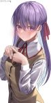  1girl absurdres artist_name blush brown_vest collared_shirt fate/stay_night fate_(series) hair_between_eyes hair_ribbon highres homurahara_academy_uniform kawai_ritsu_(rits_meg) long_hair long_sleeves looking_at_viewer matou_sakura neck_ribbon open_mouth own_hands_together purple_eyes purple_hair red_ribbon ribbon school_uniform shirt simple_background solo twitter_username vest white_background white_shirt 