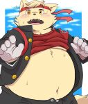  2022 anthro belly blush boron_brioche bottomwear clothing cyberconnect2 felid felineko fuga:_melodies_of_steel hi_res humanoid_hands kemono little_tail_bronx male mammal navel overweight overweight_male pants shirokumaou solo video_games 