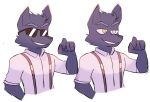  2021 anthro canid canine clothing eyewear fist fox fur glasses grey_body grey_fur hi_res jaybeyyy male mammal multicolored_eyes rolled_up_sleeves shirt simple_background smile solo sunglasses suspenders topwear white_background 