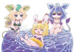  3girls ahoge alice_margatroid animal_ears bangs barefoot bikini blonde_hair blue_hair blue_swimsuit breasts cleavage closed_eyes commentary_request cookie_(touhou) eyebrows_visible_through_hair feet frilled_swimsuit frills full_body glaceon glasses green_bikini green_eyes hairband hose ichigo_(cookie) innertube leafeon looking_at_another medium_breasts multiple_girls nyon_(cookie) one-piece_swimsuit open_mouth pokemon rabbit_ears red_hairband short_hair small_breasts smile sunglasses swimsuit touhou tsuzuchii water water_gun white_background white_bikini yellow-framed_eyewear 