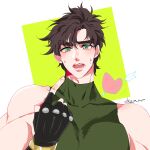  1boy arrow_through_heart bare_shoulders battle_tendency biceps blush brown_hair confused fingerless_gloves gloves green_eyes highres jojo_no_kimyou_na_bouken joseph_joestar joseph_joestar_(young) kogatarou large_pectorals male_focus muscular muscular_male pectorals pointing pointing_at_self sleeveless sleeveless_turtleneck solo turtleneck 