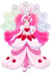  1girl :d aizen_(syoshiyuki) animal_ears bow cake_hair_ornament choker cure_whip cure_whip_(a_la_mode_style) dress food-themed_clothes food-themed_hair_ornament full_body fur_trim gloves hair_bow hair_ornament highres kirakira_precure_a_la_mode legs_together long_hair looking_at_viewer magical_girl open_mouth pantyhose pink_bow pink_choker pink_eyes pink_hair pink_legwear precure rabbit_ears smile solo standing twintails usami_ichika very_long_hair white_background white_dress white_gloves 