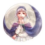  1girl albino cape dress fingernails full_moon gensou_suikoden gensou_suikoden_ii hairband jewelry long_fingernails long_hair looking_at_viewer moon open_mouth red_eyes sakai_(motomei) sierra_mikain silver_hair solo vampire white_hair 