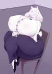  anthro big_breasts bodily_fluids boss_monster bottomwear bovid breasts caprine chair clothing dress_shirt female furniture goat hi_res high_heels horn huge_breasts huge_thighs hyper hyper_breasts kkoart looking_at_viewer mammal nipple_outline pants shirt sitting smile solo sweat thick_thighs topwear toriel undertale undertale_(series) video_games white_body wide_hips 
