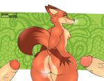  2022 anthro big_butt bodily_fluids border bubble_butt butt butt_grab butt_squish canid canine deanc1001 disembodied_penis disney erection foreskin fox fur genital_fluids genitals green_background group hand_on_butt huge_butt humanoid_genitalia humanoid_penis looking_back male male/male mammal narrowed_eyes nick_wilde nipples nude pattern_background penis precum rear_view simple_background smile solo_focus squish standing sweat sweaty_butt thick_thighs tuft white_border zootopia 
