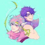  2boys bare_shoulders battle_tendency biceps blue_eyes blue_hair blue_scarf caesar_anthonio_zeppeli facial_mark feather_hair_ornament feathers green_eyes grin hair_ornament headband highres jojo_no_kimyou_na_bouken joseph_joestar joseph_joestar_(young) kogatarou male_focus multicolored_hair multiple_boys pink_eyes pink_scarf purple_hair purple_scarf scarf smile striped striped_scarf thick_eyebrows triangle_print two-tone_hair 