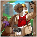  aaron_(artist) anal anal_penetration anthro balls big_balls big_penis bighorn_sheep border bottomwear bovid brown_body brown_fur caprine cellphone clothed clothing duo fur genitals hi_res horn looking_at_another looking_at_partner lutrine male male/male mammal muscular muscular_anthro muscular_male mustelid outside_sex partially_clothed penetration penile penile_penetration penis penis_in_ass phone rammy_aaron sheep shirt shorts shorts_down size_difference tank_top topwear white_border 