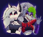  1ndigocat 2022 age_difference angry animatronic anthro armor big_breasts black_claws black_makeup black_stripes body_hair bracelet breasts broken_ear canid canid_demon canine canis chest_hair claws clothing collar demon demon_eyes ear_piercing ear_ring face_stripes female female/female five_nights_at_freddy&#039;s five_nights_at_freddy&#039;s:_security_breach friends fur green_claws green_hair grey_body grey_fur hair hellhound helluva_boss hi_res jewelry lips long_ears long_neck loona_(helluva_boss) machine mammal neck_spikes piercing purple_lips purple_makeup red_armor robot roxanne_wolf_(fnaf) scottgames sfw_version shark_teeth smile stripes tongue toony video_games waifu white_eyes white_hair wolf yellow_eyes younger_female 