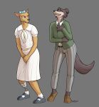  accessory amputee anthro badroy beastars canid canine canis cervid clothed clothing crossdressing disability duo female hair_accessory hair_bow hair_ribbon hi_res japanese_school_uniform juno_(beastars) laugh louis_(beastars) male mammal ribbons serafuku uniform wolf 