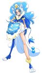  1girl animal_ears blue_eyes blue_footwear blue_gloves blue_hair blue_legwear blue_shirt crown cure_gelato cure_gelato_(a_la_mode_style) earrings fuchi full_body gloves hand_on_hip head_tilt jewelry kirakira_precure_a_la_mode layered_skirt legs_apart lion_ears lion_tail long_hair looking_at_viewer magical_girl mini_crown precure shiny shiny_skin shirt shoes simple_background single_leg_pantyhose single_shoe skirt smile solo standing tail tategami_aoi white_background 