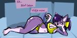  2022 animate_inanimate anthro aygee bikini bikini_bottom bikini_top breasts canid clothing female furniture hair holding_object inflatable living_inflatable lying_on_sofa mammal on_sofa purple_body purple_hair sofa solo swimwear thick_thighs wide_hips 