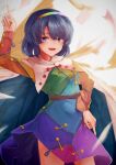  1girl blue_cape blue_eyes blue_hair cape dress highres long_sleeves multicolored_clothes multicolored_dress multicolored_hairband patchwork_clothes pointing pointing_down pointing_up rainbow_gradient short_hair taguno tenkyuu_chimata touhou two-sided_cape two-sided_fabric two-tone_cape white_cape zipper zipper_pull_tab 