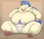 2022 96panda absurd_res anthro belly blue_body blush bulge canid canine canis clothing domestic_dog hi_res kemono male mammal moobs navel nipples overweight overweight_male sitting solo tongue tongue_out underwear 